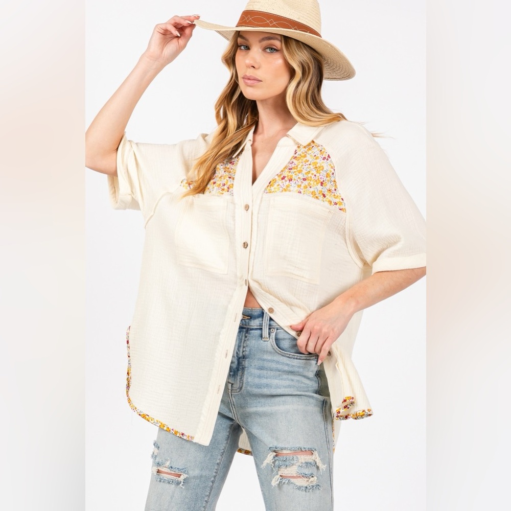 SAGE + FIG Full Size Floral Detail Button Up Short Sleeve Shirt